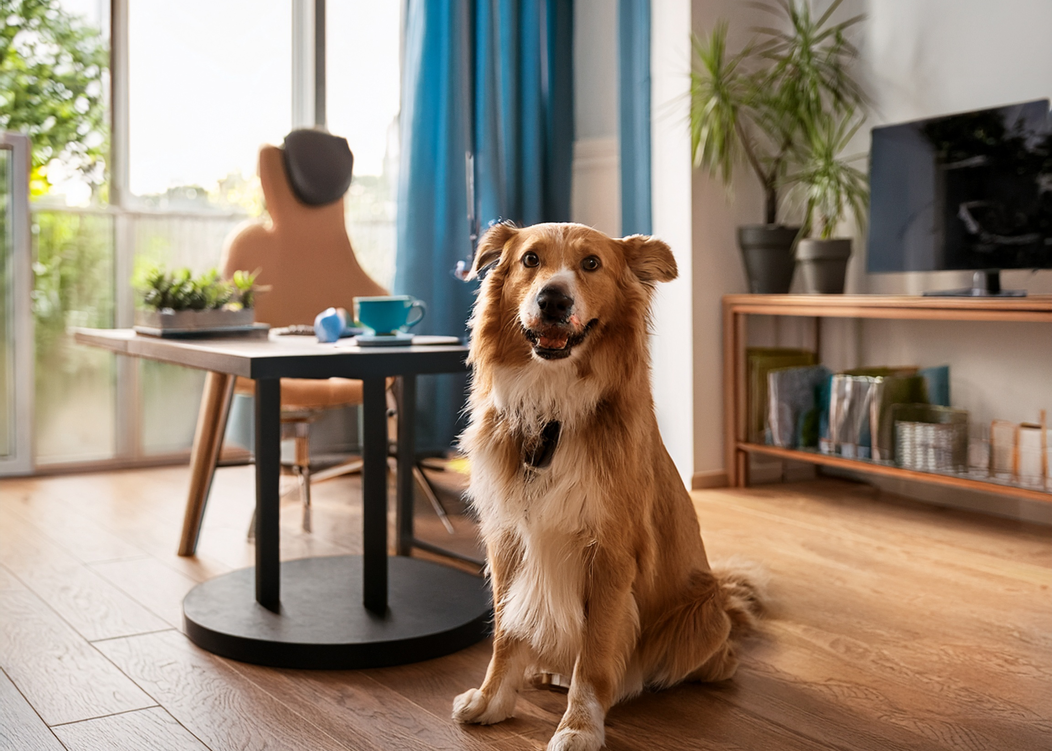 A happy golden-brown dog sitting on a wooden floor in a bright, modern living room with a table, houseplants, and a television in the background.